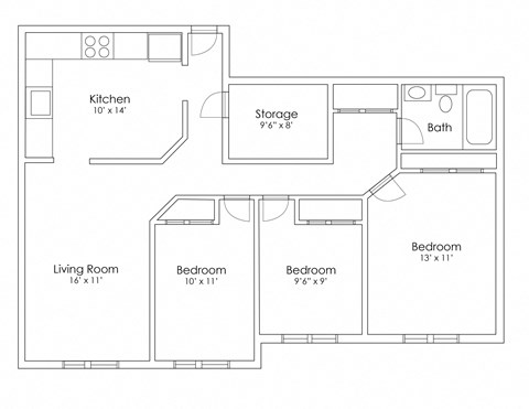 Floor plan for 3 beds, 1 bath